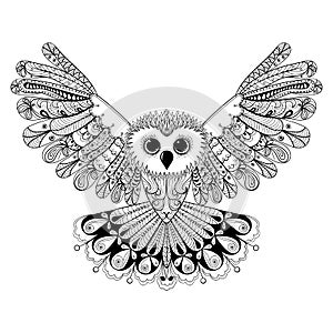 Zentangle stylized Black Owl. Hand Drawn vector illustration iso