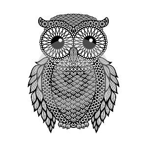 Zentangle stylized Black Owl. Hand Drawn vector illustration isolated on white background.
