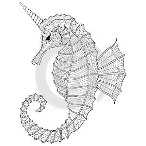 Zentangle stylized black Sea Horse like Unicorn. Hand Drawn vector illustration for adult coloring books, isolated on white