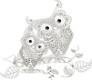 Zentangle stylized black and white two owls sitting on the tree branches, hand drawn, vector