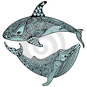 Zentangle stylized Blue Sea Shark and Whale. Hand Drawn vector i