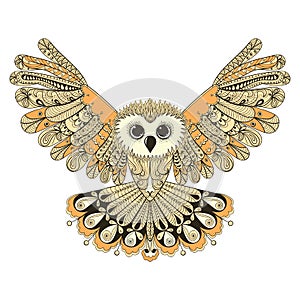 Zentangle stylized Brown flying Owl. Hand Drawn vector illustrat