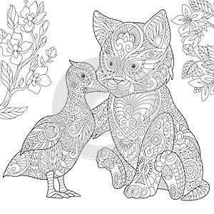 Zentangle stylized cat and duck