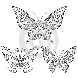 Zentangle stylized collection of three butterflies