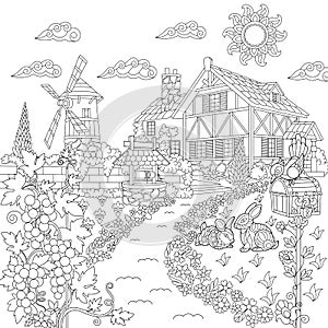 Zentangle stylized countryside scene