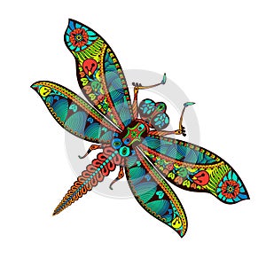 Zentangle stylized Dragonfly with abstract colorful background.