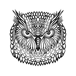 Zentangle stylized eagle owl head. Tribal sketch for tattoo or t-shirt.