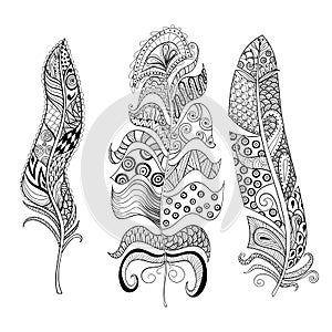 Zentangle stylized elegant feathers set. Hand drawn vintage