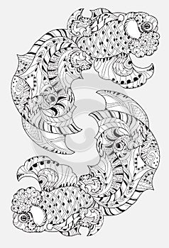 Zentangle stylized floral china fish doodle.