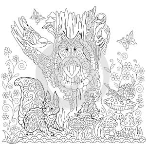 Zentangle stylized forest scene