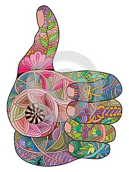 Zentangle stylized hand thumbs up line color icon. Hand Drawn lace vector illustration