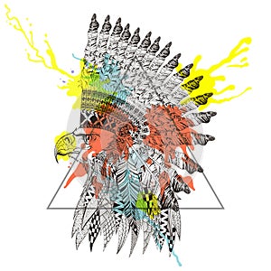 Zentangle stylized head of eagle in feathered war bonnet in tri