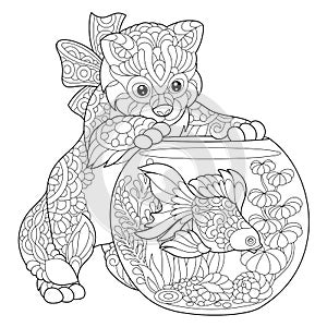 Zentangle stylized kitten and goldfish