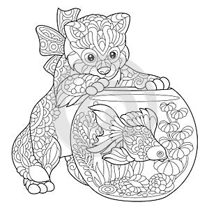 Zentangle stylized kitten and goldfish photo