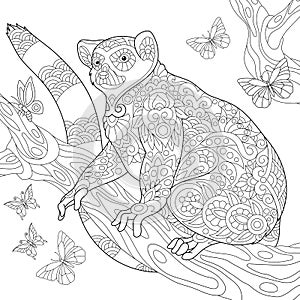 Zentangle stylized lemur and butterflies