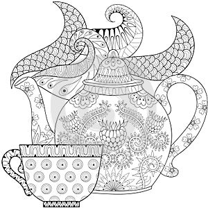 Zentangle stylized ornamental teapot with steam and cup of tea