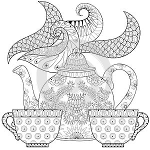 Zentangle stylized ornamental teapot with steam and cups of tea