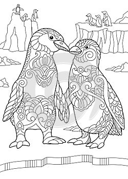Zentangle stylized penguin couple