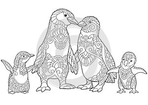 Zentangle stylized penguins family