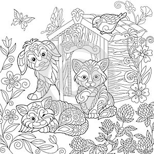 Zentangle stylized puppy and cats