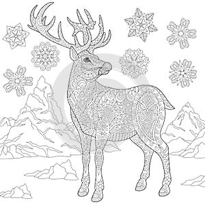 Zentangle stylized reindeer and snow