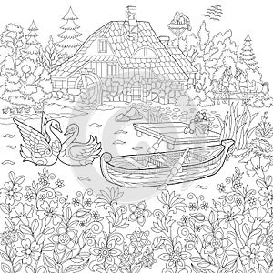 Zentangle stylized rural landscape photo