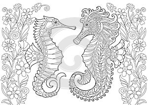 Zentangle stylized seahorse and flowers