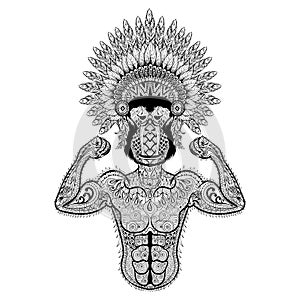 Zentangle stylized strong Monkey like Bodybuilder with war bonne