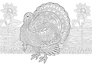 Zentangle stylized turkey and sunflowers