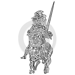 Zentangle stylized Vector ink sketch of a knight on the horse