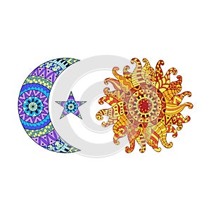 Zentangle sun, new moon and star vector symbols.
