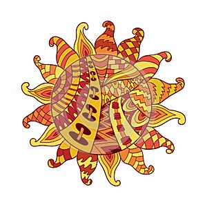 Zentangle sun vector symbol. Sun tribal doodle ornament. Colorful ethnic pattern.