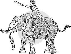 Zentangle sylized of warrior riding elephant coloring book for adult, cards, T- Shirt graphic, tattoo and other decorations