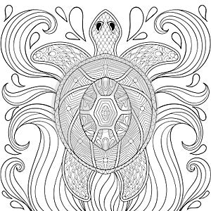 Zentangle Turtle in waves. Freehand sketch for adult antistress