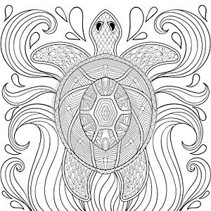 Zentangle Turtle in waves. Freehand sketch for adult antistress photo