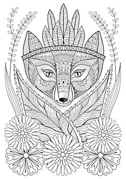 Zentangle wild fox with indian war bonnet in grass and flowers.