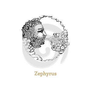 Zephyrus, west wind hand drawn in engraving style. Vector retro graphic illustration of mythological deity.