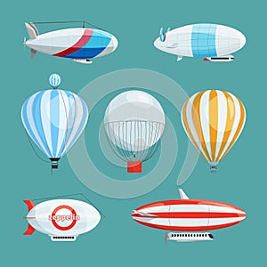 Zeppelins, big airships and balloons with cabin. Vector illustrations set in cartoon style