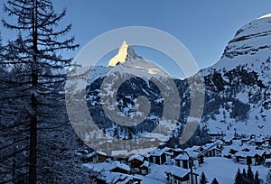 Zermatt city and matterhorn sun view winter snow landscape Swiss Alps panorama