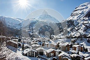 Zermatt city and matterhorn sun view winter snow landscape Swiss Alps panorama