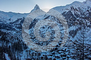 Zermatt city and matterhorn sun view winter snow landscape Swiss Alps panorama