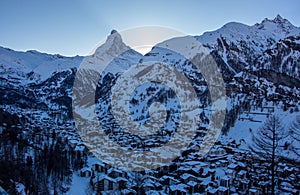 Zermatt city and matterhorn sun view winter snow landscape Swiss Alps panorama