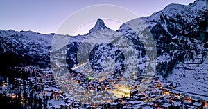 Zermatt city village view point and iconic Matterhorn peak at dawn, Switzerland