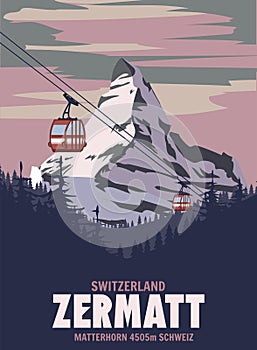 Zermatt Ski resort poster, retro. Alpes Winter travel card