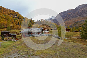 Zermatt, Switzerland-October 21, 2019:View of The Old Building on Furi cable car station in autumn and rainny day. at Zermatt ,