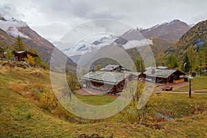 Zermatt, Switzerland-October 21, 2019:View of The Old Building on Furi cable car station in autumn and rainny day. at Zermatt ,