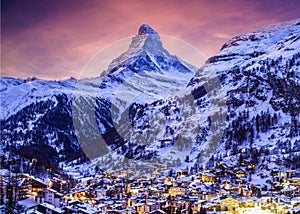 Zermatt town with Matterhorn with Christmas illumination during twlight