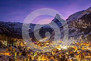 Zermatt Town and Matterhorn Mountain at Winter Night. Swiss Alps, Switzerland