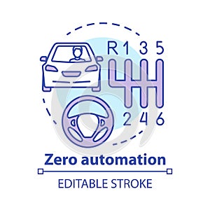 Zero automation concept icon. Car with manual transmission. Vehicle, gearbox, steering wheel. Driving school idea thin