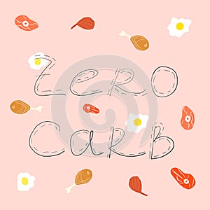 Zero carb hand drawing text. black text on corral background. carnivore diet elements. chicken, meat, steak and fry eggs.